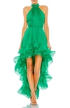 Mac Duggal Ruffle Tiered High Low Pleated Halter Neck Gown In Emerald Green