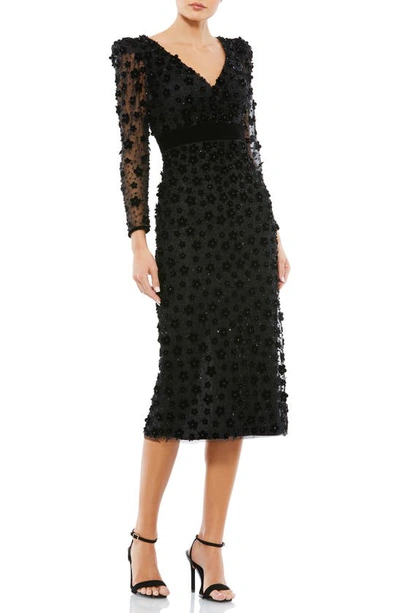 Mac Duggal Women's Embellished V Neck Illusion Long Sleeve Column Midi In Black