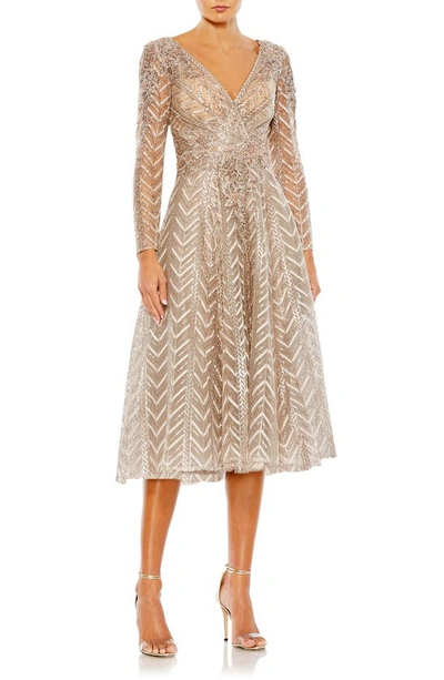 Mac Duggal Bead & Sequin Long Sleeve Tulle Fit & Flare Dress In Taupe