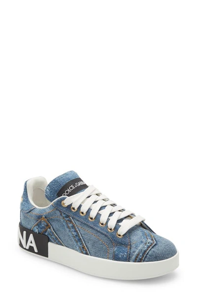 Dolce & Gabbana Portofino Denim Patchwork Trainers In Blue