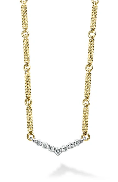 Lagos 18k White & Yellow Gold Signature Caviar Diamond Chevron Bead Link Statement Necklace, 16-18 In White/gold