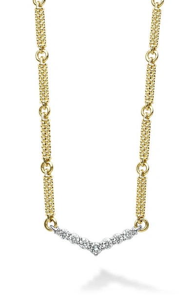 Lagos 18k White & Yellow Gold Signature Caviar Diamond Chevron Bead Link Statement Necklace, 16-18 In Gold Diamond