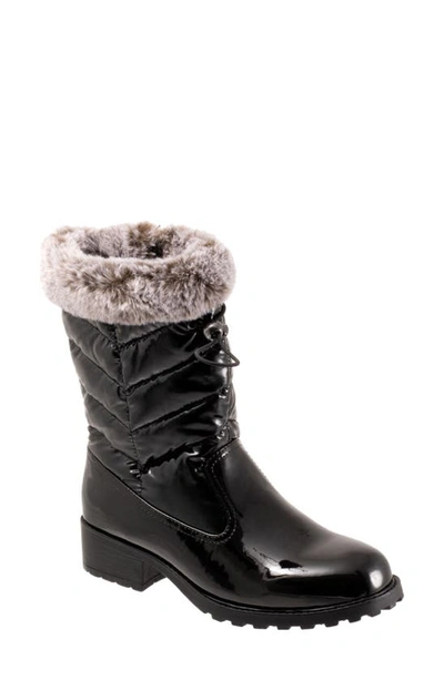 Trotters Bryce Faux Fur Trim Winter Boot In Black Patent/ Suede
