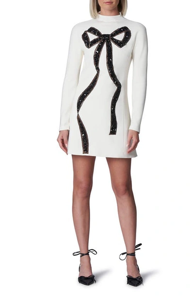 Carolina Herrera Embellished Bow Detail Long Sleeve Wool Blend Dress In  Black,white | ModeSens
