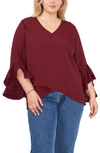 Vince Camuto Flutter Sleeve Crossover Georgette Tunic Top In Crisp Merlot