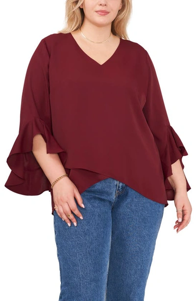 Vince Camuto Flutter Sleeve Crossover Georgette Tunic Top In Crisp Merlot