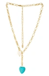 Ettika Turquoise And Pearl Heart 18k Gold Plated Linked Chain Lariat In Gold