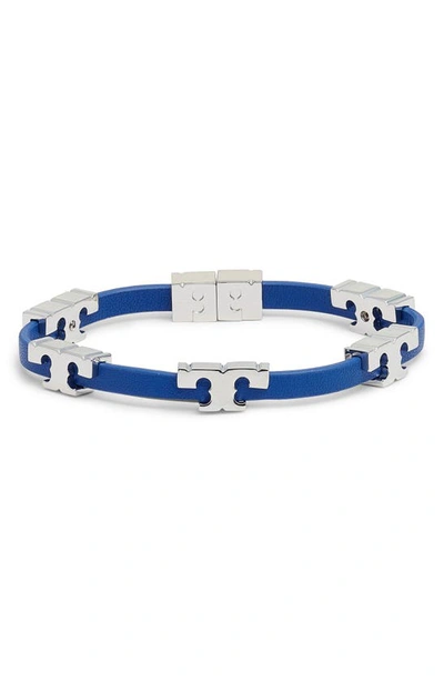 Tory Burch Serif-t Croc-embossed Leather Single Wrap Bracelet In Blue/ Silver