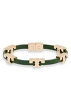 Tory Burch Serif-t Croc-embossed Leather Single Wrap Bracelet In Emerald/ Gold