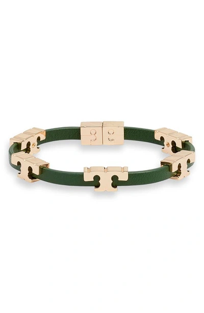Tory Burch Serif-t Croc-embossed Leather Single Wrap Bracelet In Emerald/ Gold