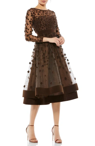 Mac Duggal Embellished Illusion High Neck Long Sleeve Fit & Flare Dress In Coffee