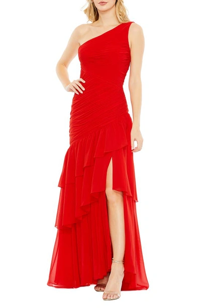 Ieena For Mac Duggal One-shoulder Tiered Gown In Red