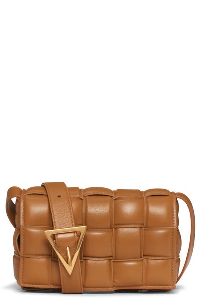 Bottega Veneta Mini Padded Cassette Intrecciato Leather Crossbody Bag In Camel And Gold