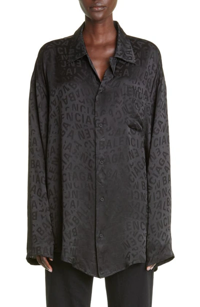 Balenciaga Logo Jacquard Silk Button-up Blouse In Black