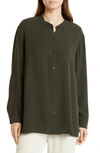 Eileen Fisher Mandarin Collar Silk Blouse In Woodland