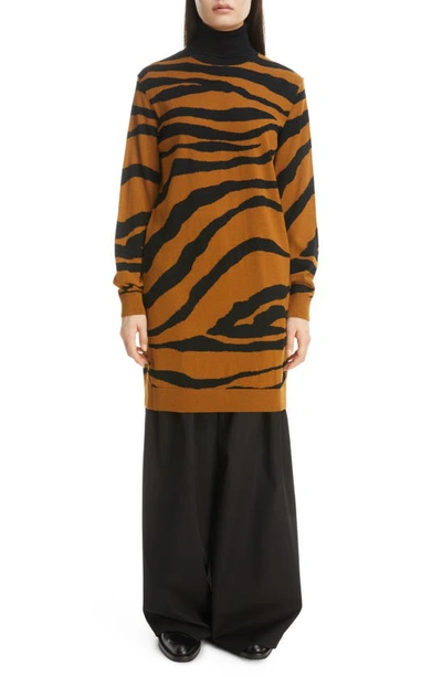 Dries Van Noten Nayelli Zebra Stripe Long Sleeve Merino Wool Turtleneck Sweater Dress In Camel