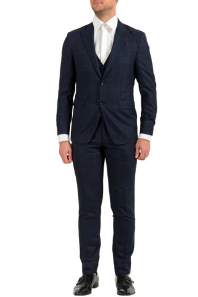 Pre-owned Hugo Boss Men's "t-rouven/wain1 We" Blue Plaid 100% Wool Three Piece Suit