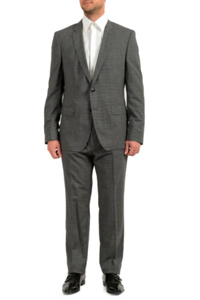 Pre-owned Hugo Boss Men's "huge6/genius5" Slim Fit Houndstooth 100% Wool Two Button Suit In Black/light Gray