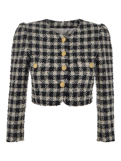 Alessandra Rich Cropped Houndstooth Wool-blend Tweed Jacket In White,black