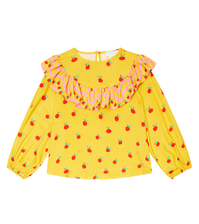 Stella Mccartney Kids' Apple Print Ruffle Blouse In Giallo/multicolor