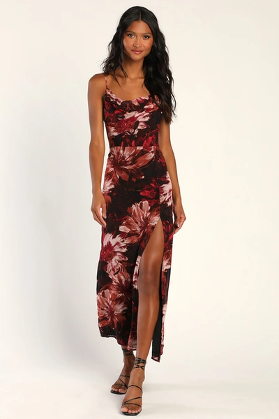 Lulus Flowery Passion Black Floral Print Cowl Neck Midi Dress In Burgundy