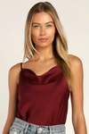 Lulus Emmerson Burgundy Satin Sleeveless Cowl Neck Bodysuit In Burgundy