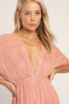 Lulus Goddess Vibes Rusty Rose Gold Striped Dolman Sleeve Maxi Dress In Rose Gold