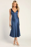 Lulus Incredible Love Navy Satin Cowl Back Midi Slip Dress In Navy