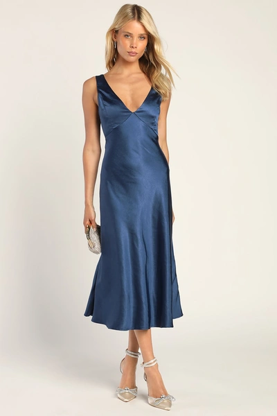 Lulus Incredible Love Navy Satin Cowl Back Midi Slip Dress