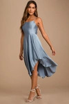 Lulus Days Like Today Blue Satin Asymmetrical Tie-back Midi Dress In Blue