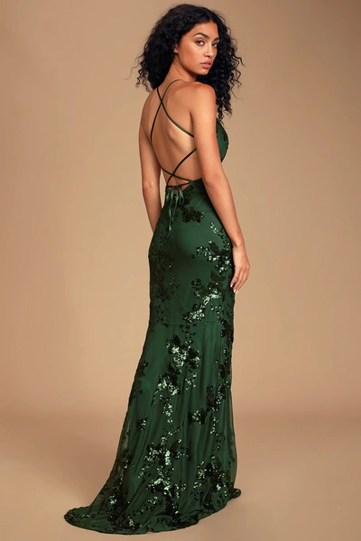 LULUS VALHALLA FOREST GREEN SEQUIN LACE-UP MAXI DRESS 