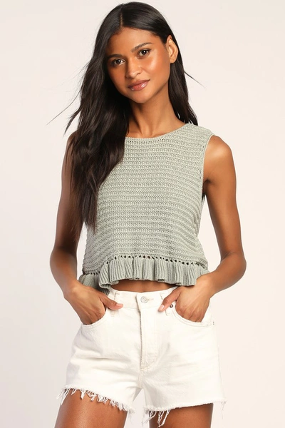 Lulus Flouncin' Around Dusty Sage Cropped Ruffled Sweater Tank