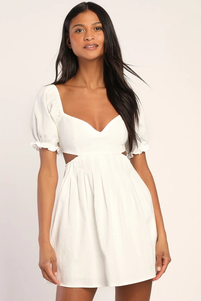 Lulus Love The Feeling White Puff Sleeve Lace-up Cutout Mini Dress