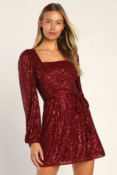 Lulus Festive Mood Wine Red Sequin Long Sleeve Mini Dress