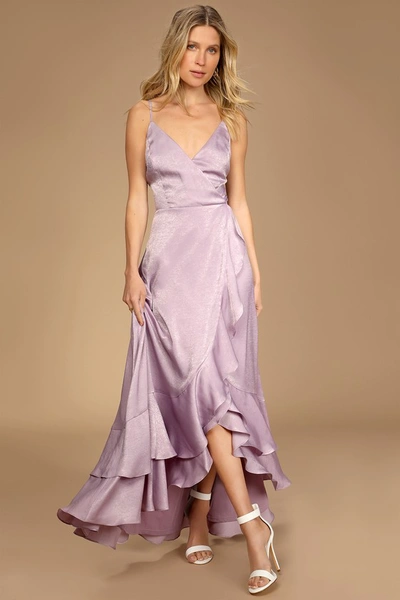 Lulus In Love Forever Lavender Satin Lace-up High-low Maxi Dress In Purple