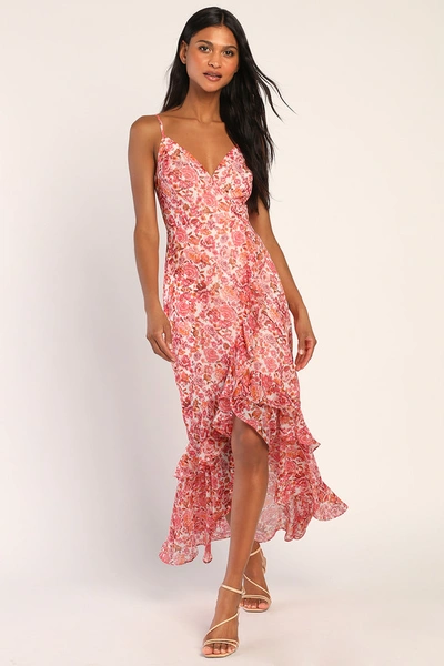 Lulus Always Enchanting Pink Floral Print Metallic Ruffled Midi Dress