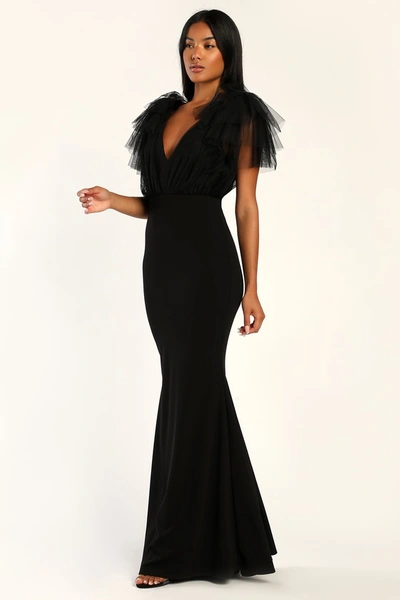 Lulus Fabulous Fun Black Tulle Flutter Sleeve Mermaid Maxi Dress
