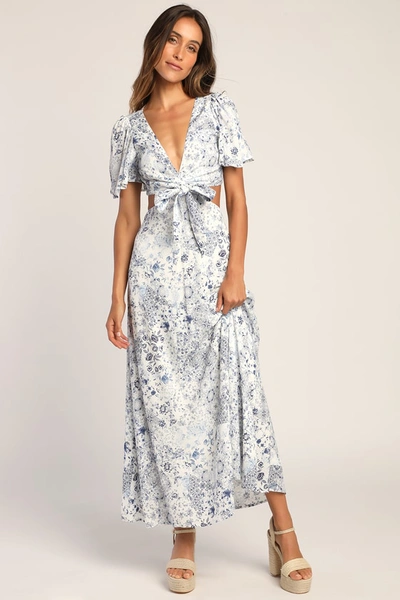 Lulus Stroll The Avenues White Floral Print Tie-front Maxi Dress