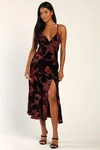 Lulus Divine Allure Burgundy Floral Burnout Velvet Midi Dress In Burgundy