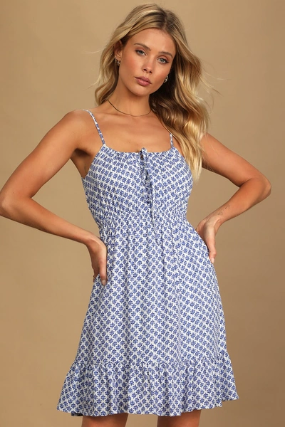 Lulus Grecian Getaway Blue And White Print Mini Dress