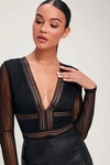 Lulus Casita Black Sheer Lace Long Sleeve Bodysuit In Black