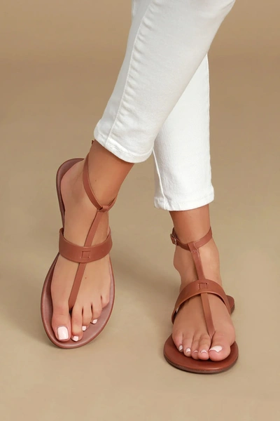 Lulus Colleen Cognac Vachetta Leather Flat Sandal Heels In Brown