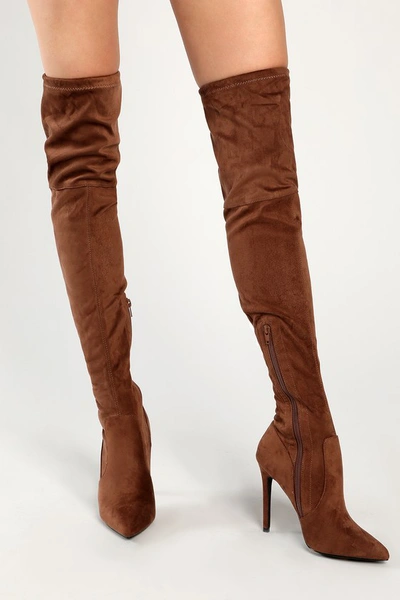 Lulus Natiee Taupe Suede Pointed-toe Over-the-knee High Heel Boots