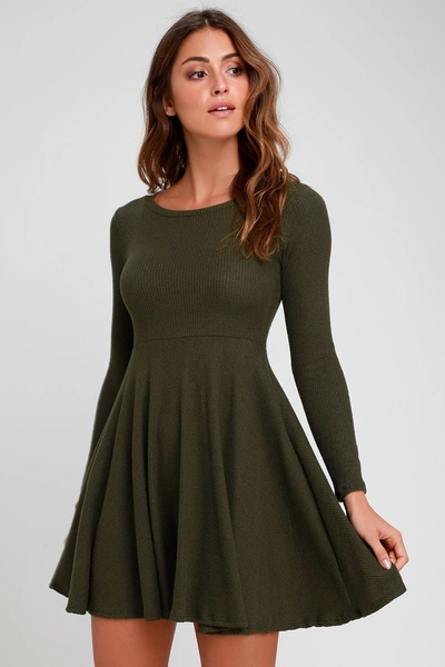 Lulus Fit And Fair Olive Green Ribbed Knit Long Sleeve Skater Dress