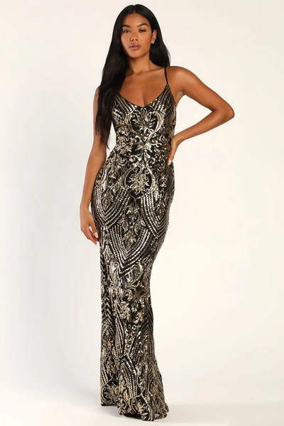 Lulus Truly Alluring Black And Gold Sequin Mermaid Maxi Dress