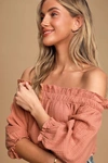 LULUS SWEET ONE RUSTY ROSE OFF-THE-SHOULDER THREE-QUARTER SLEEVE TOP