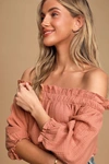 Lulus Sweet One Rusty Rose Off-the-shoulder Top In Pink