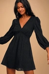 Lulus Forever In My Heart Black Striped Balloon Sleeve Mini Dress In Black