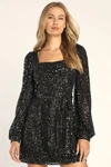 Lulus Festive Mood Black Sequin Long Sleeve Mini Dress In Black