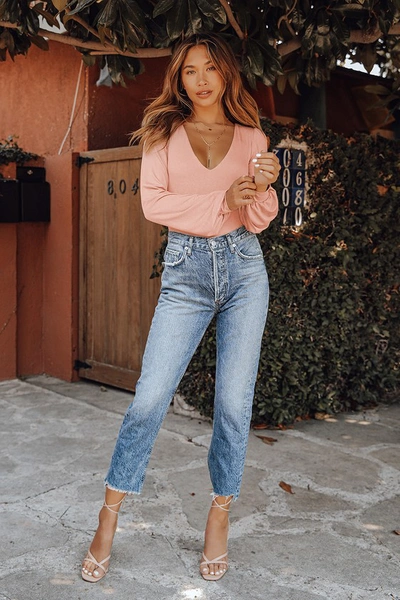 Lulus Basics Kaylene Blush V-neck Balloon Sleeve Bodysuit In Pink